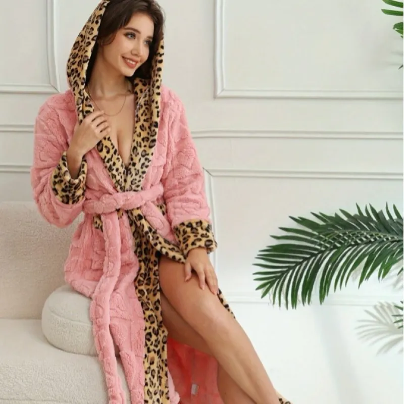 Leopard Heart Patchwork Lace-Up Hooded Robe - Image 3