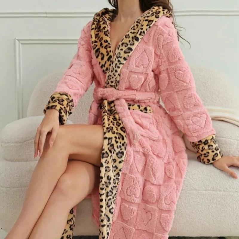 Leopard Heart Patchwork Lace-Up Hooded Robe - Image 4
